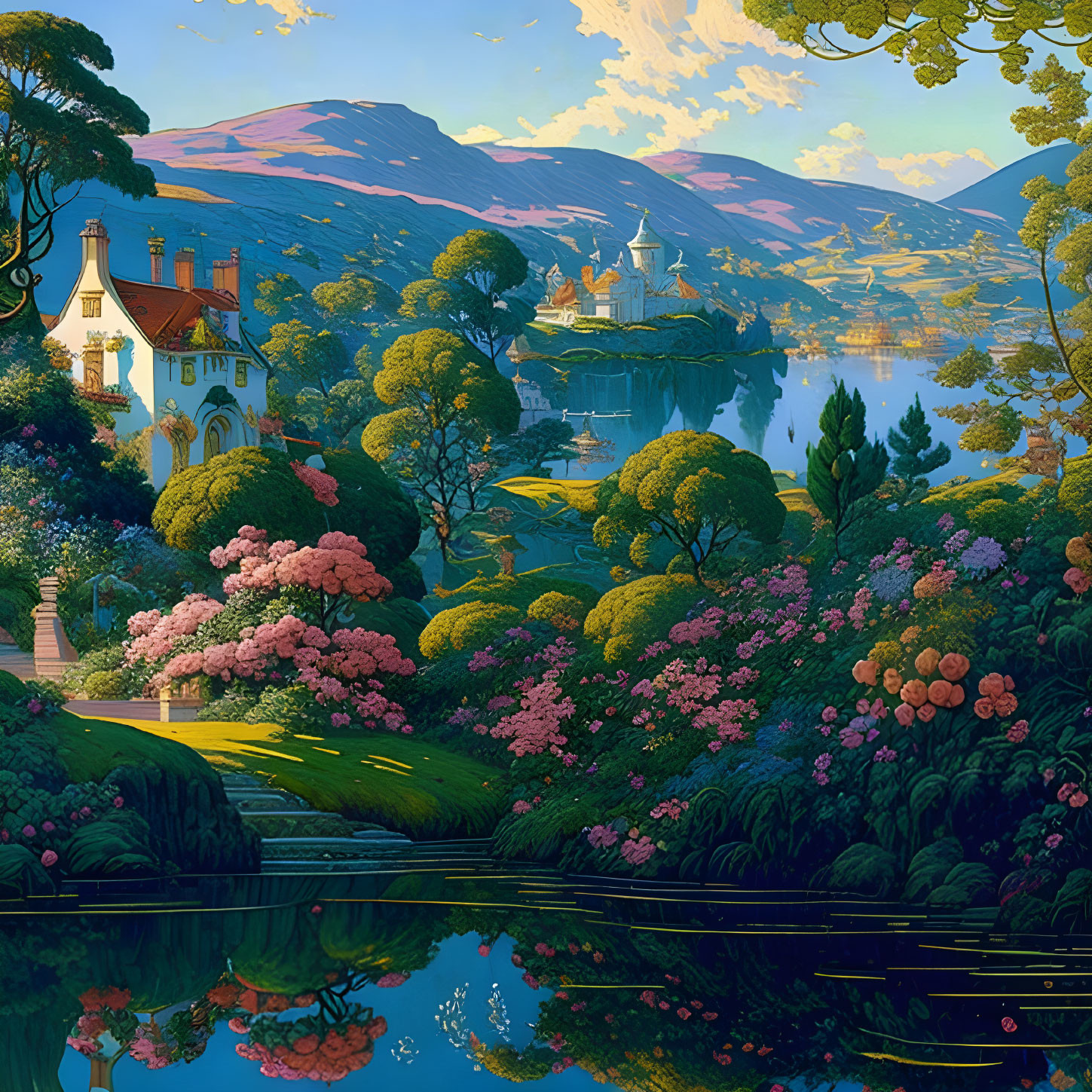 Vibrant Flora, Tranquil Lake, Cottage, Castles, Rolling Hills