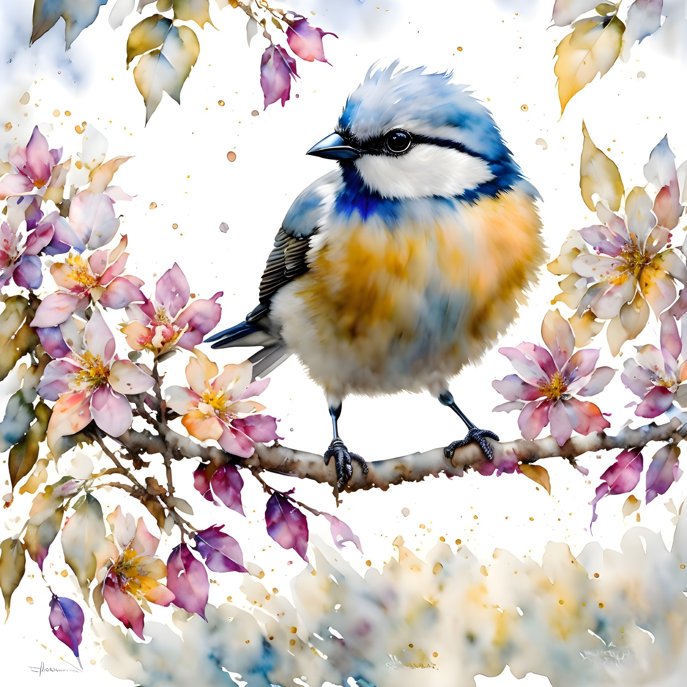 Colorful bird illustration on branch with blooming flowers in white background