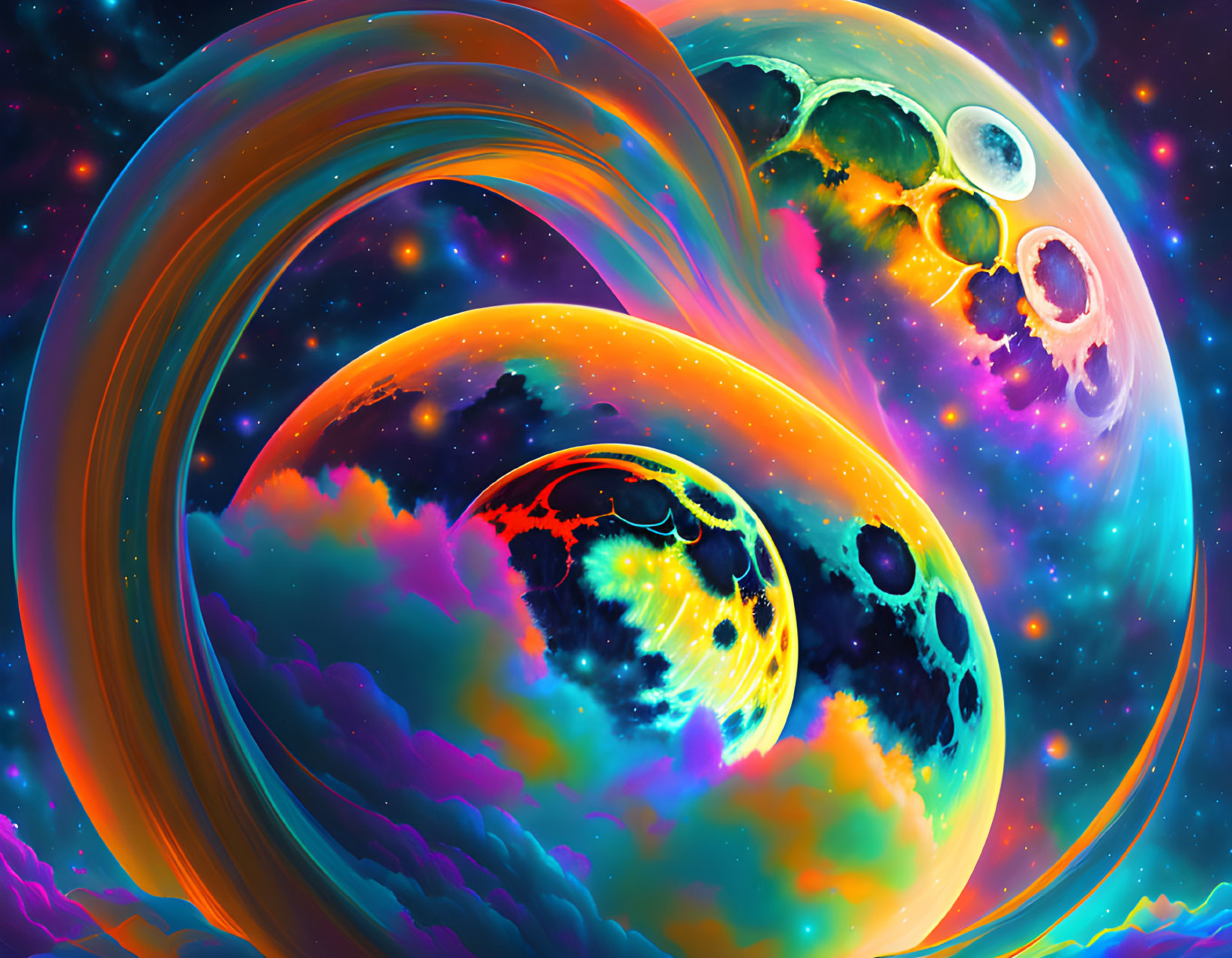 Colorful cosmic scene with swirling nebulas, planets, and moons against starry backdrop.