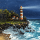 Stormy seaside cliff with two lighthouses, crashing waves, and dark sky