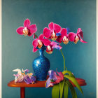 Colorful digital artwork: Pink orchids in blue vase on floral background