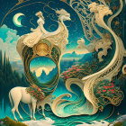 Ethereal women and unicorn in golden frame with fantastical landscape