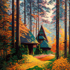 Blue A-frame cabin in autumn forest with sunlight filtering through trees