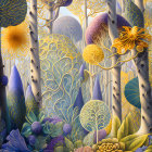 Detailed Illustration of Fantastical Trees and Plants in Blue, Yellow, and Orange