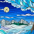 Abstract landscape art with trees, flowing lines, hills, water, blue and yellow colors, and sun