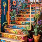 Whimsical watercolor of colorful street with stone stairs, plants, and lanterns