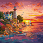 Coastal Sunset Artwork: Church on Cliff, Vibrant Sky, Boats, Styl