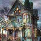 Victorian-style house with turret and vibrant colors in evening light