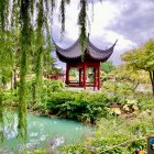 Tranquil Asian garden with colorful gazebo and lush greenery