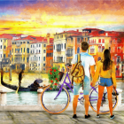 Colorful Townscape with Stylized Animals and Human Figure in Whimsical Artwork