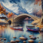 Tranquil fantasy scene: thatched cottages, wooden bridge, rowboats, reflective river,