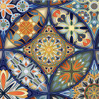 Colorful Floral Stained Glass Design on Blue Background