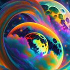 Colorful digital artwork: Ornamental flowers, swirling patterns in blue, purple, and gold