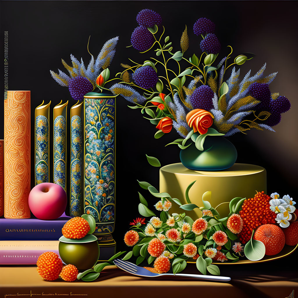 Colorful still life with books, candles, fruits, flowers, and cake display