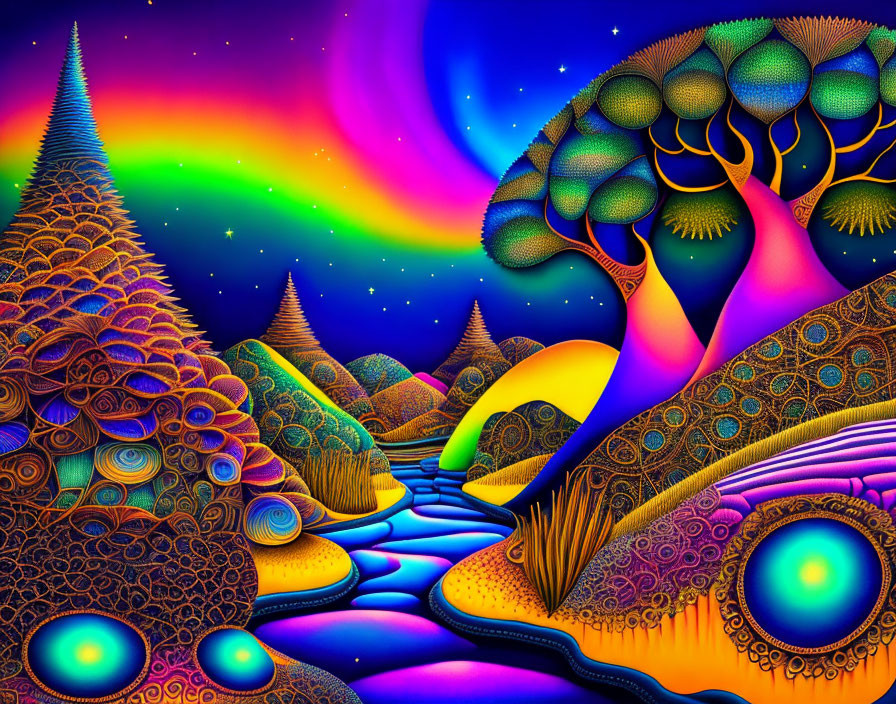 Colorful Psychedelic Landscape with Patterned Hills and Luminous Trees