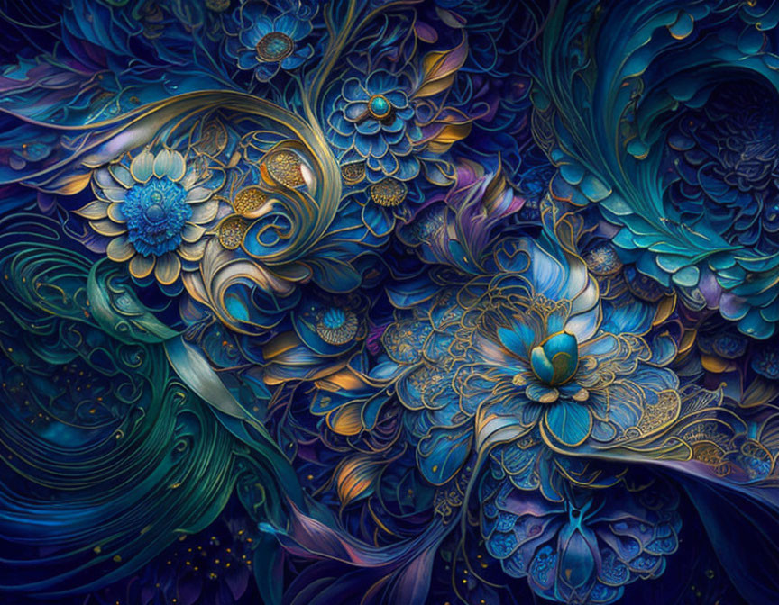 Abstract digital artwork: Vibrant blue and purple floral patterns with golden highlights