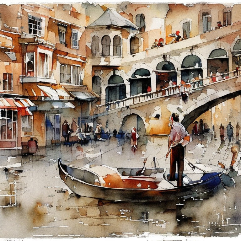 European Canal Scene Watercolor with Boatman & Pedestrians