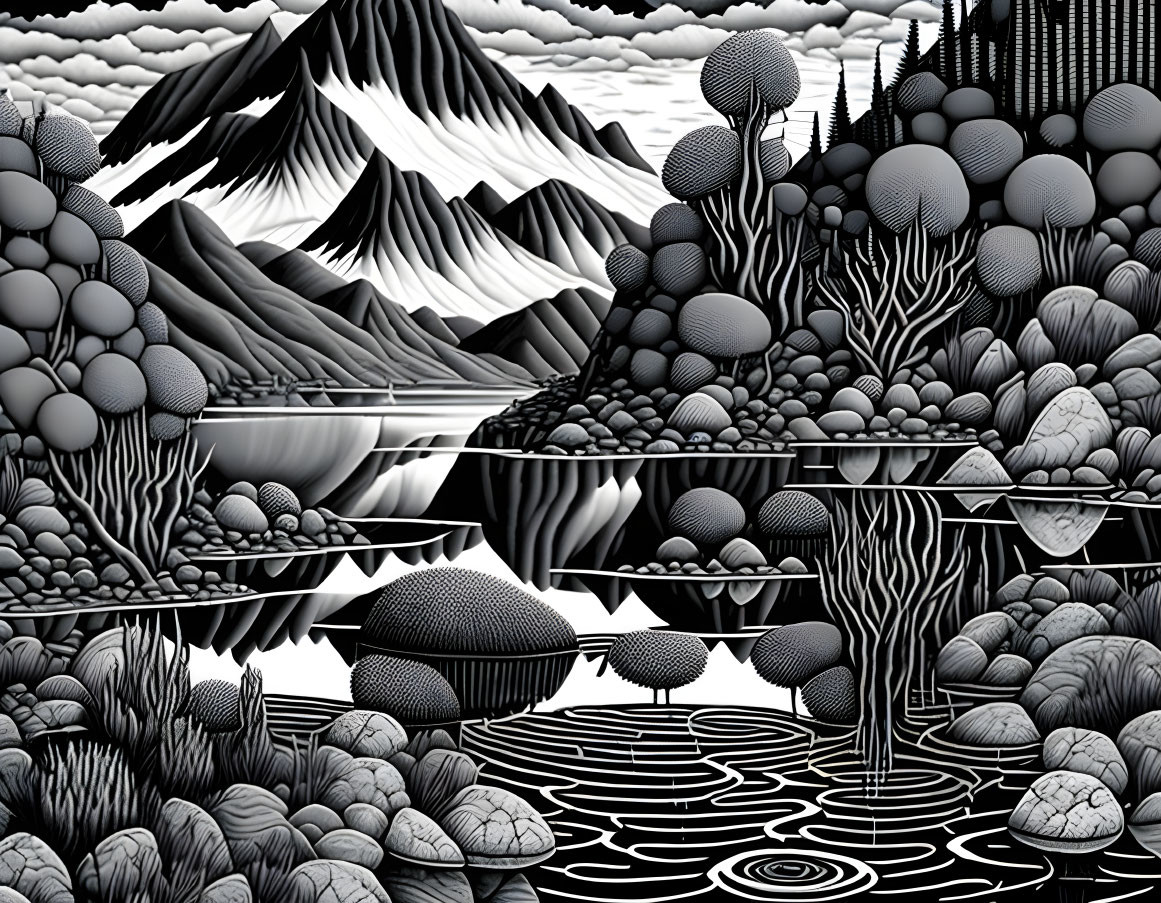 Stylized monochrome landscape with mountains, trees, and reflective lake