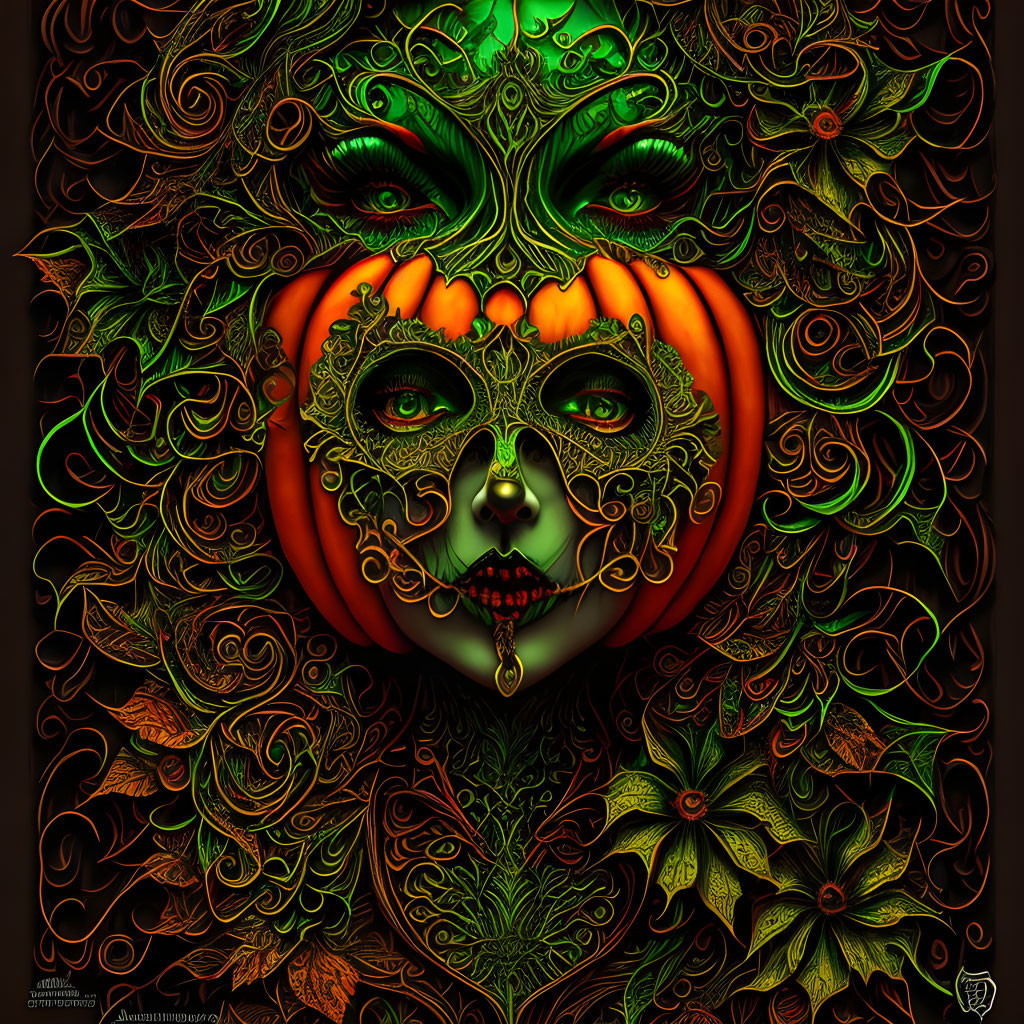 Colorful autumn-themed fantasy illustration with pumpkin-faced figure and intricate patterns