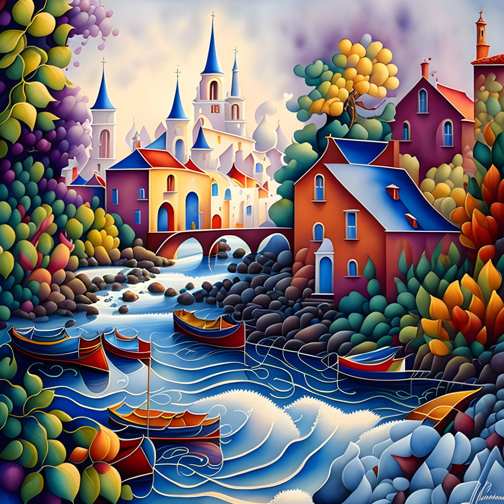 Colorful European village painting with sailboats and stone bridge