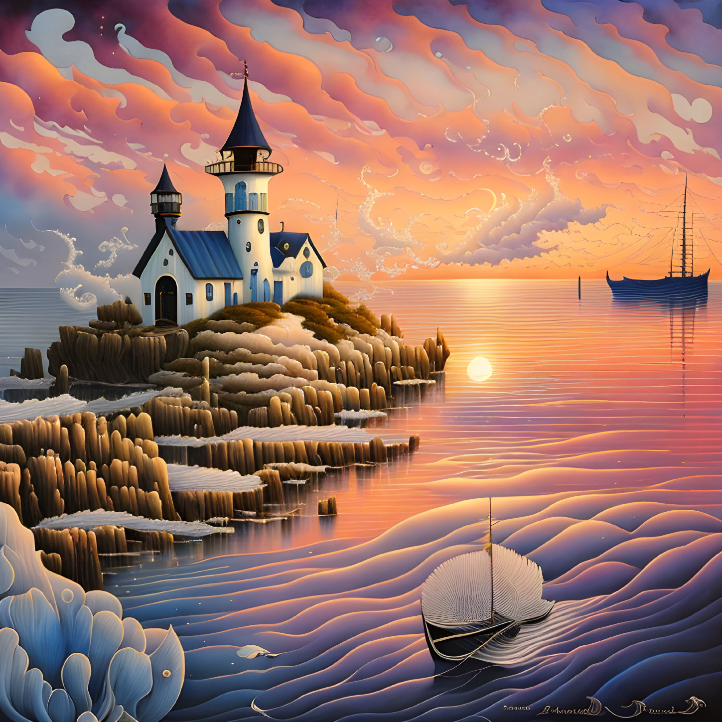 Coastal Sunset Artwork: Church on Cliff, Vibrant Sky, Boats, Styl