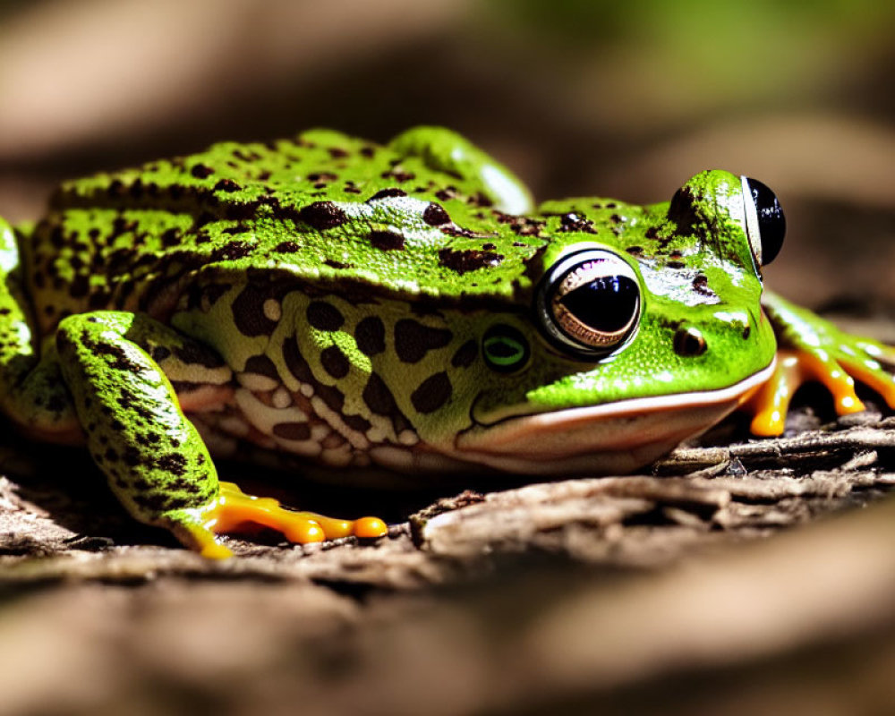 Vibrant Green Frog with Dark Spots and Orange Toes on Textured Brown Surface