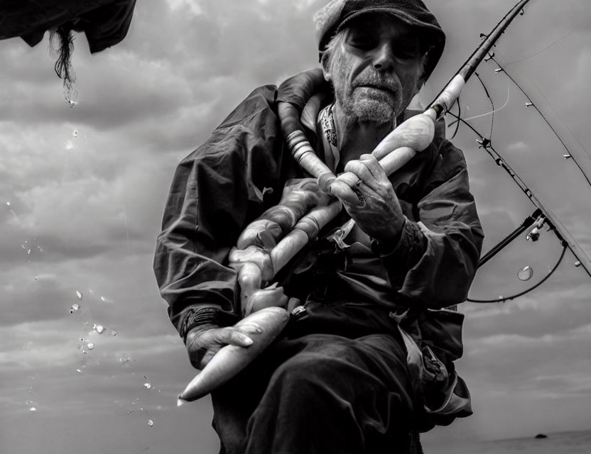 Man fishing at sea under overcast skies