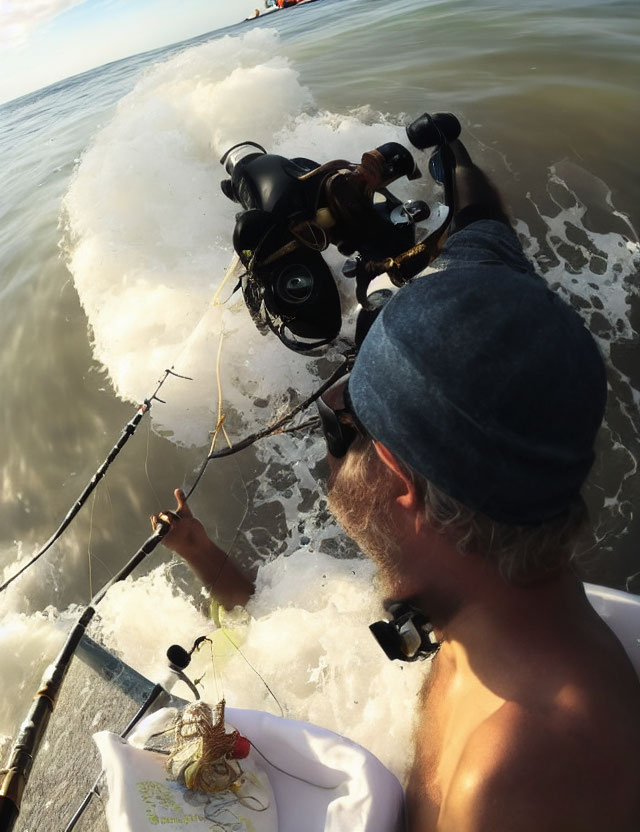 Person fishing with cap in sea as wave approaches, another person in scuba gear underwater