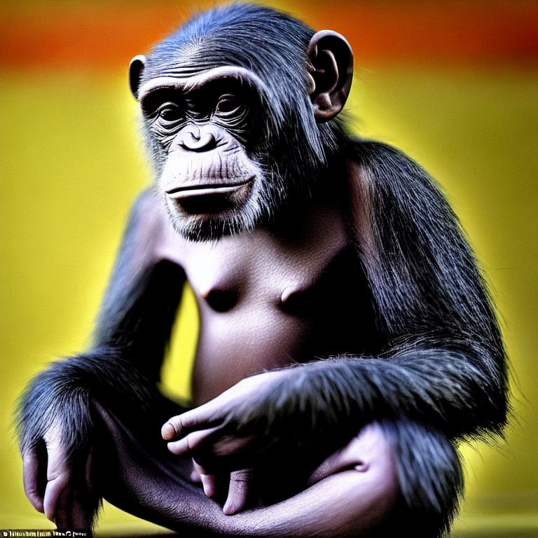 Contemplative chimpanzee with glossy black fur against yellow and red background