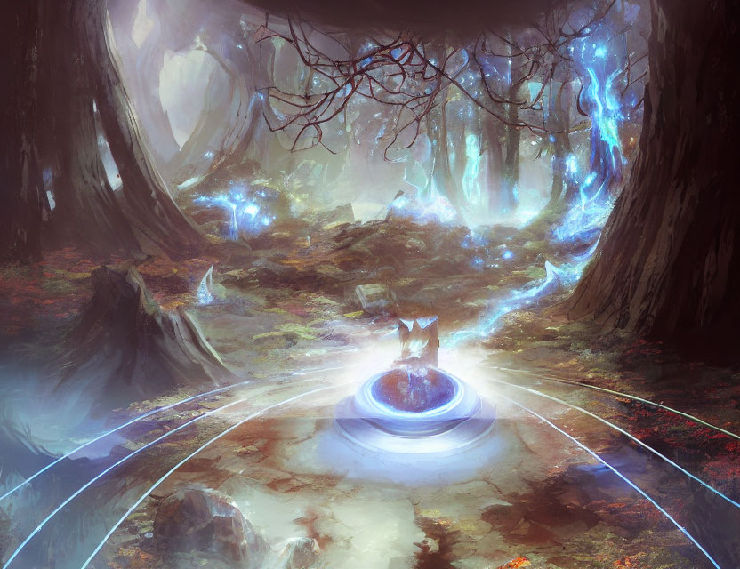 Enchanted forest with glowing orbs, fox, light portal, ethereal trees