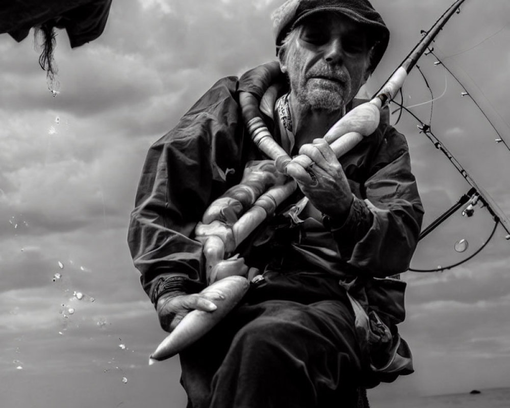 Man fishing at sea under overcast skies