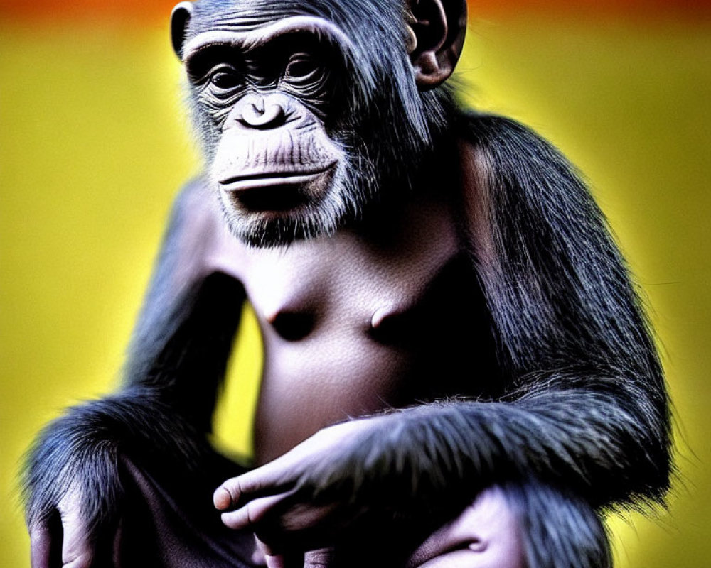 Contemplative chimpanzee with glossy black fur against yellow and red background