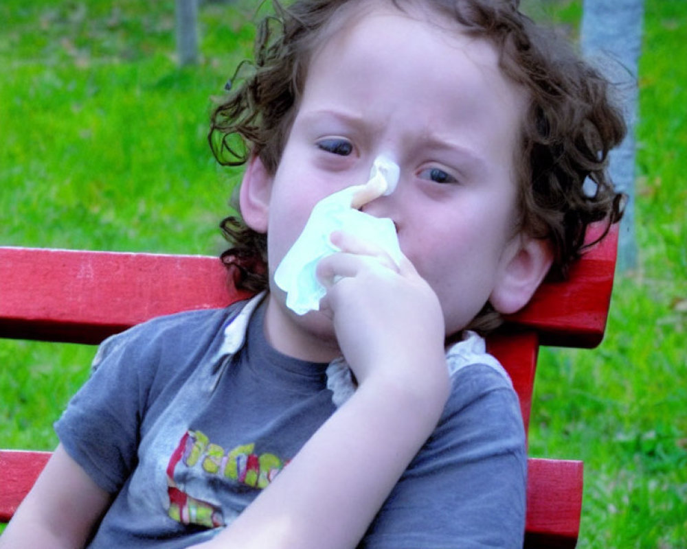 Curly-Haired Child Sitting on Red Bench with Tissue and Frown