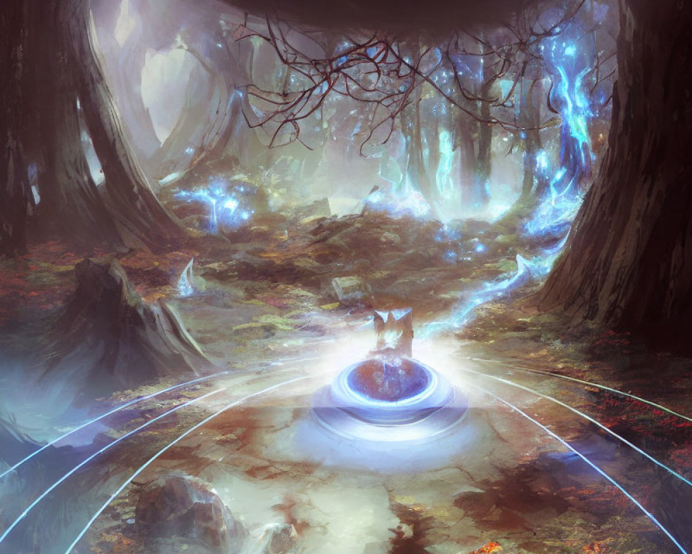 Enchanted forest with glowing orbs, fox, light portal, ethereal trees