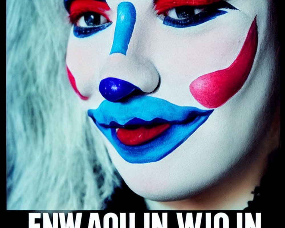 Clown makeup with white face paint, blue eyes, red nose, and exaggerated lips