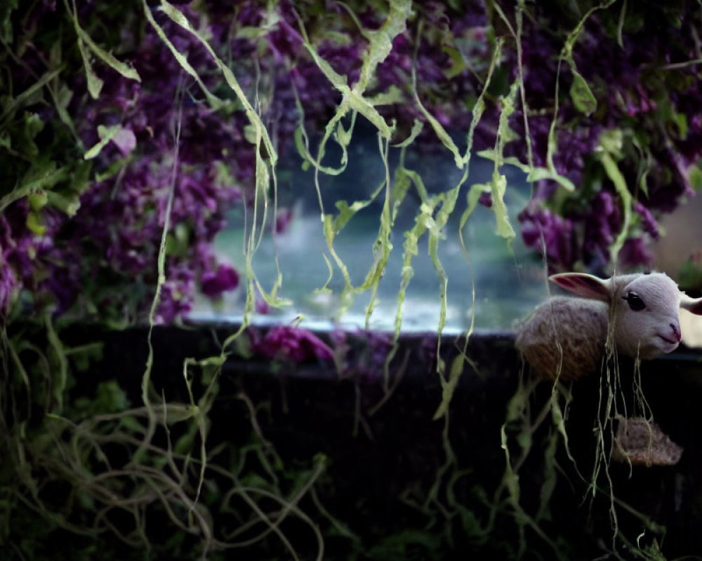 Sheep in whimsical setting with purple flowers and green vines