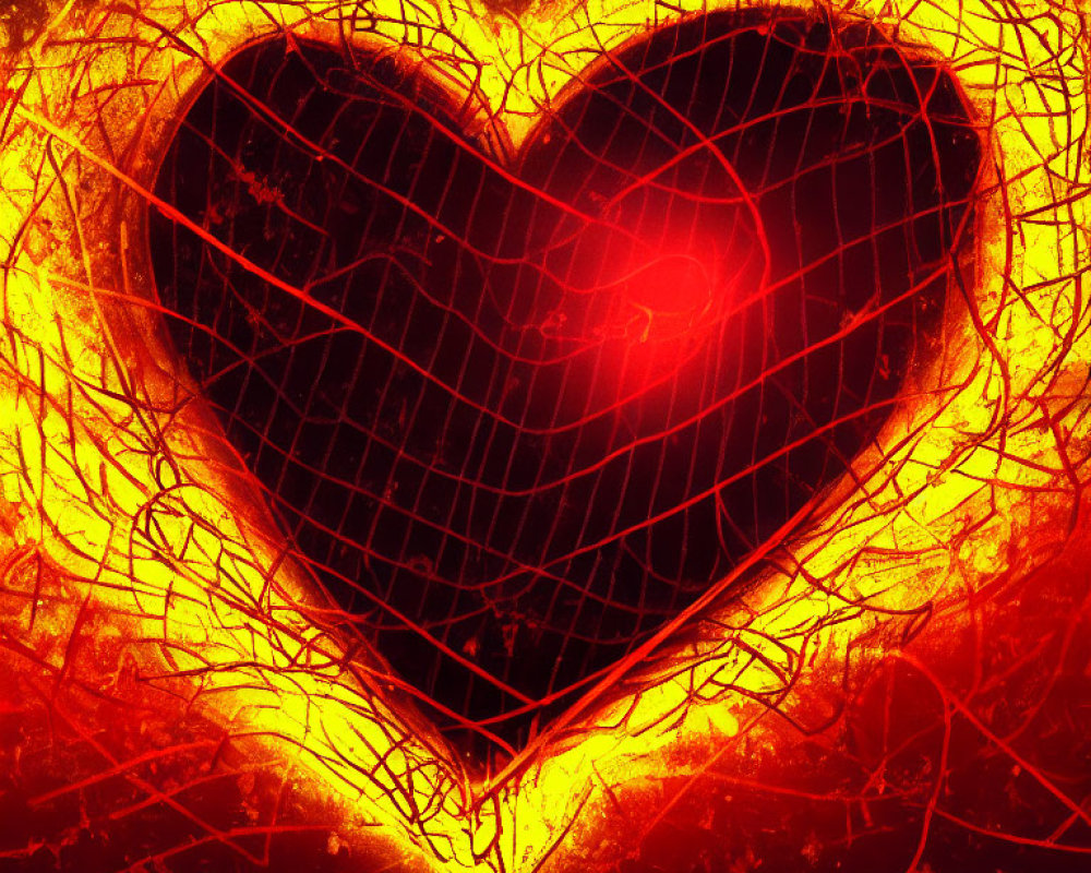 Vibrant digital artwork: Fiery red and yellow heart with cracked texture and central glow