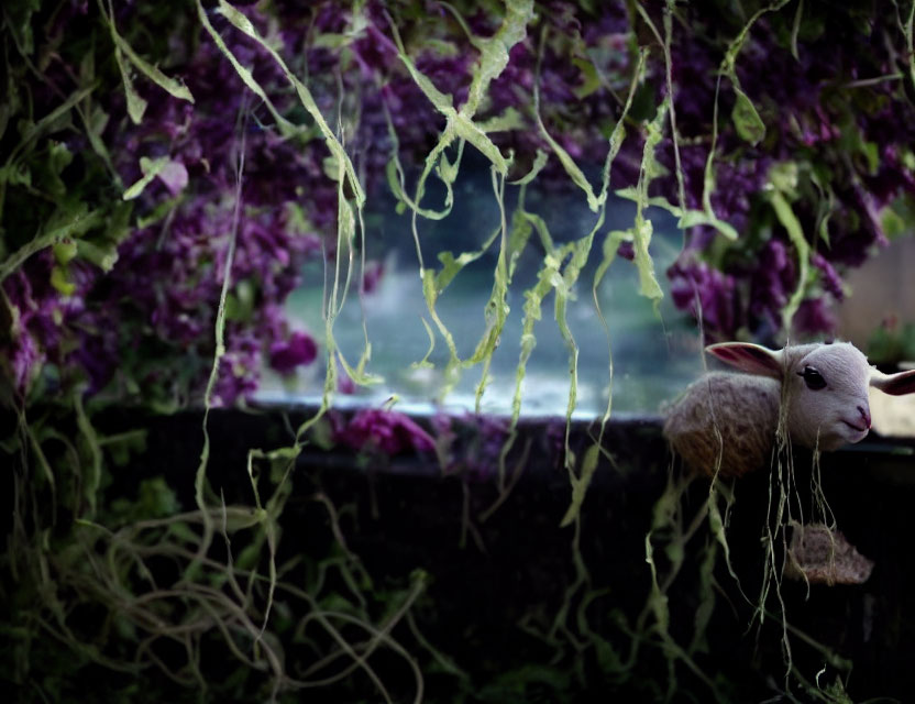 Sheep in whimsical setting with purple flowers and green vines