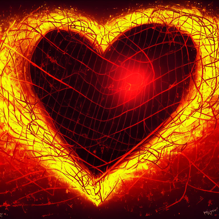 Vibrant digital artwork: Fiery red and yellow heart with cracked texture and central glow