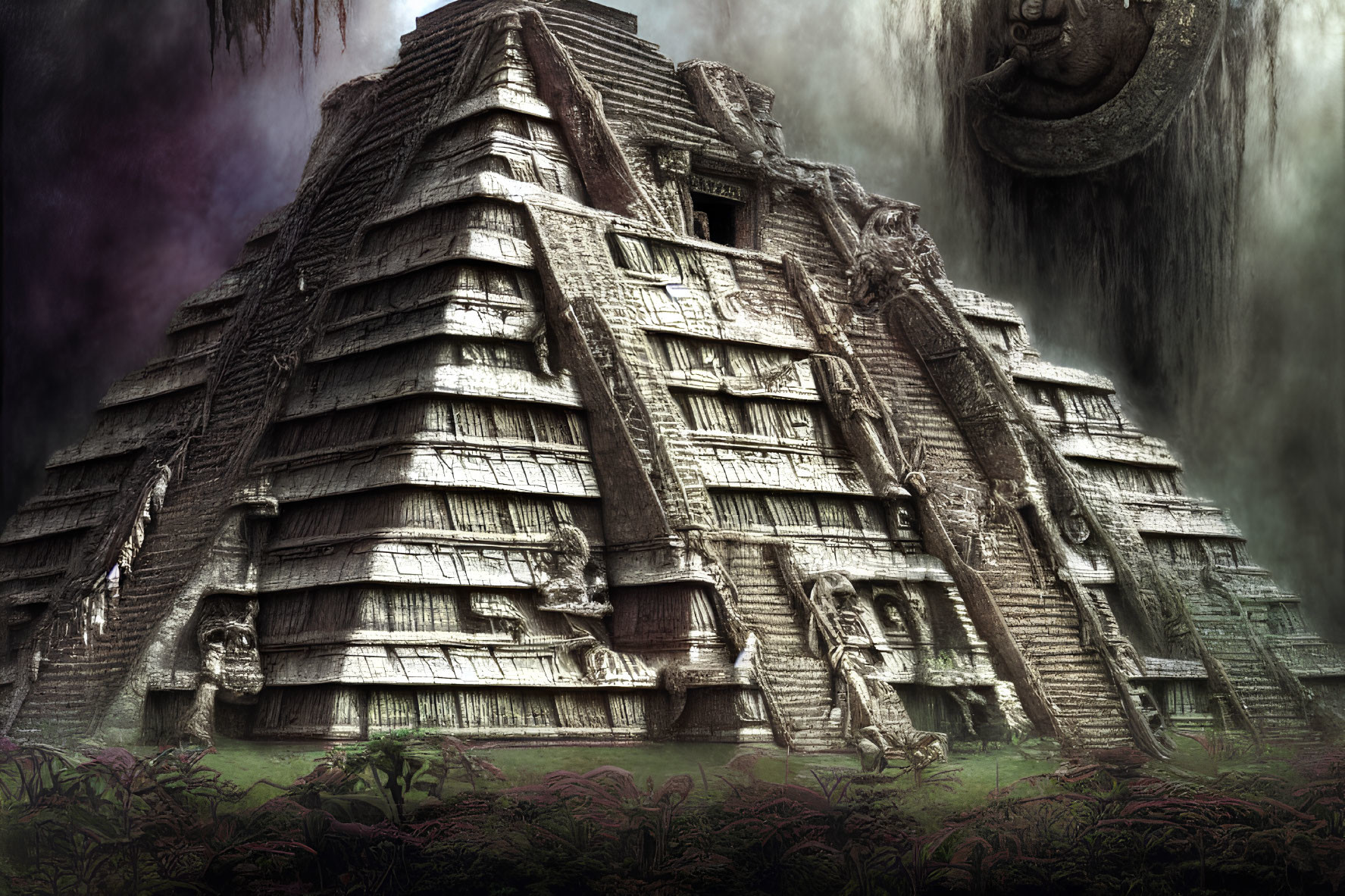 Weathered Mayan pyramid in dense jungle under overcast sky