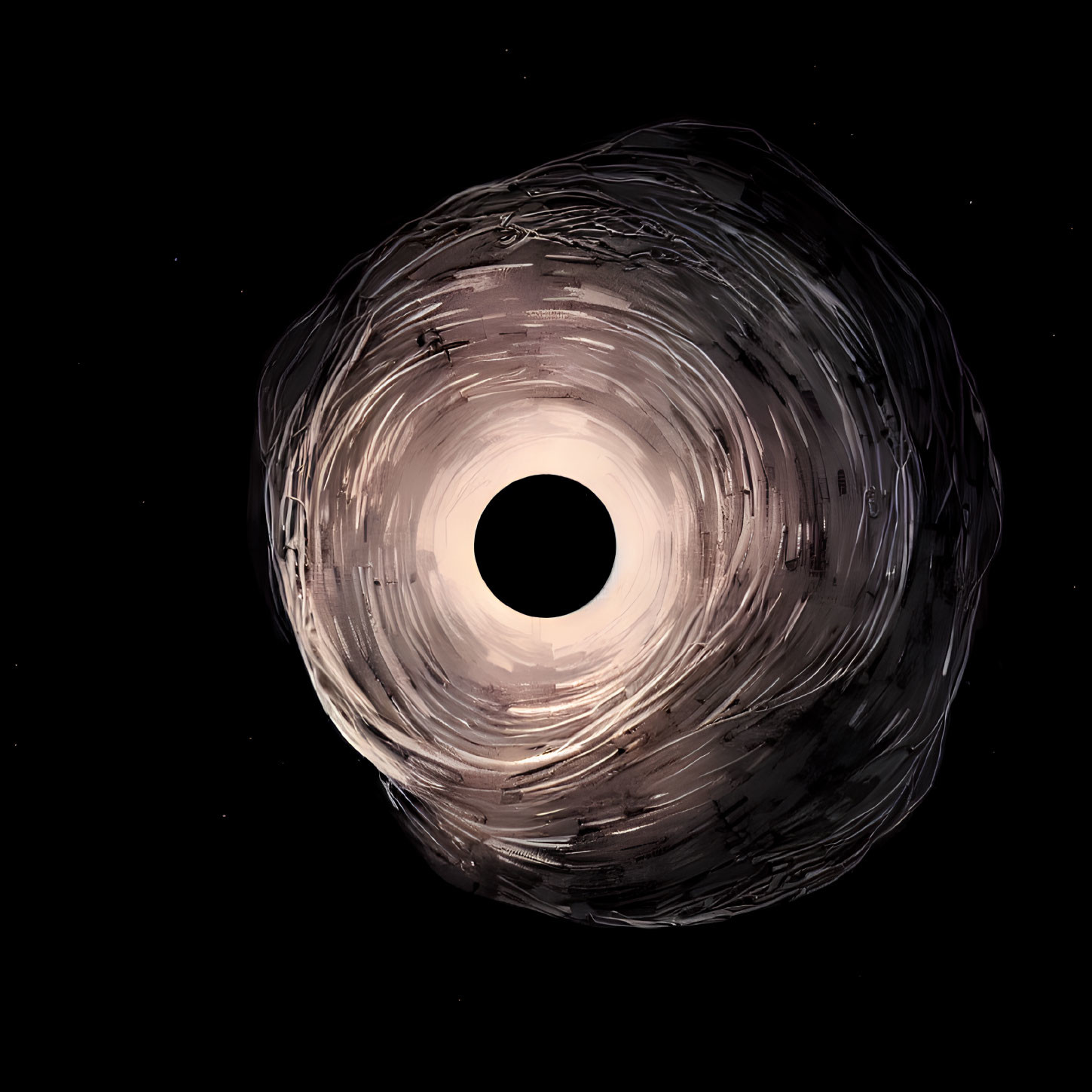 Digital illustration: Black hole with swirling accretion disk and event horizon in starry space.