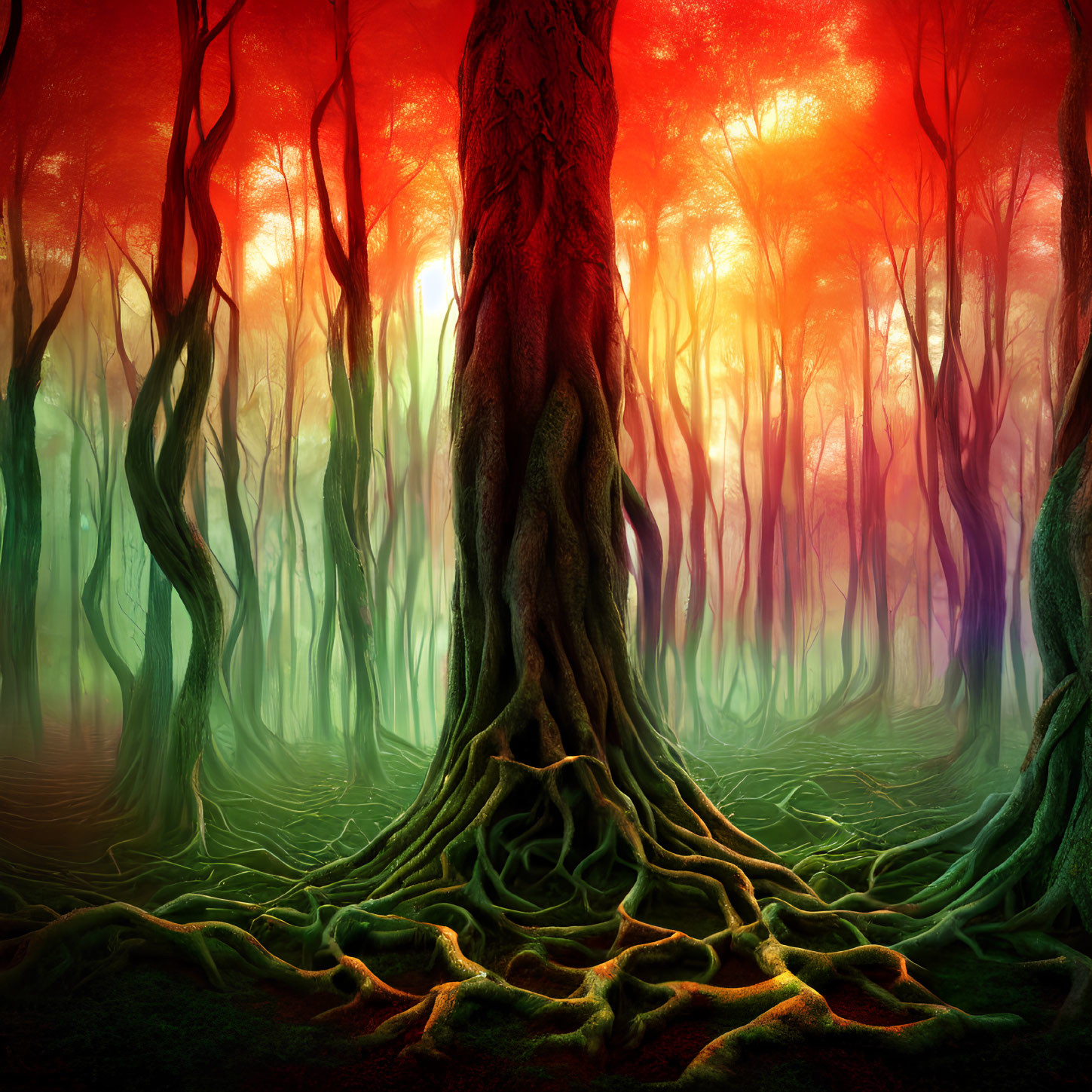 Enchanting forest scene with gnarled trees and vibrant moss