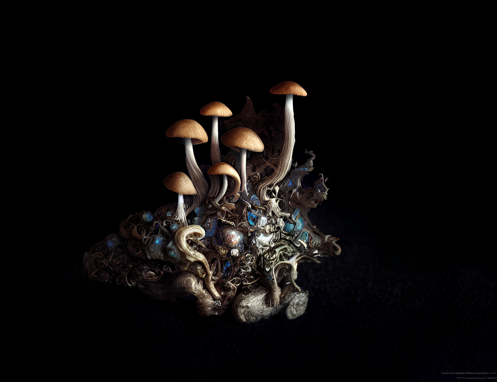 Tall Thin Mushrooms on Textured Organic Matter with Blue Hints