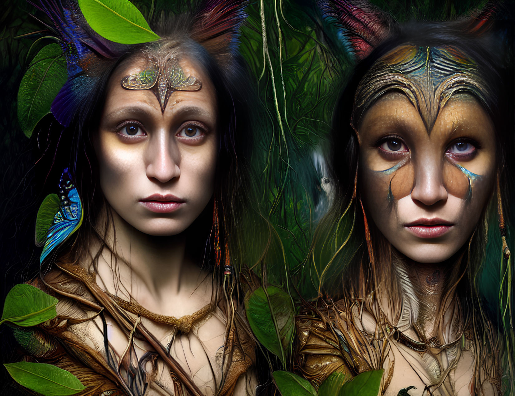 Fantasy-inspired makeup and costumes of forest creatures in lush greenery