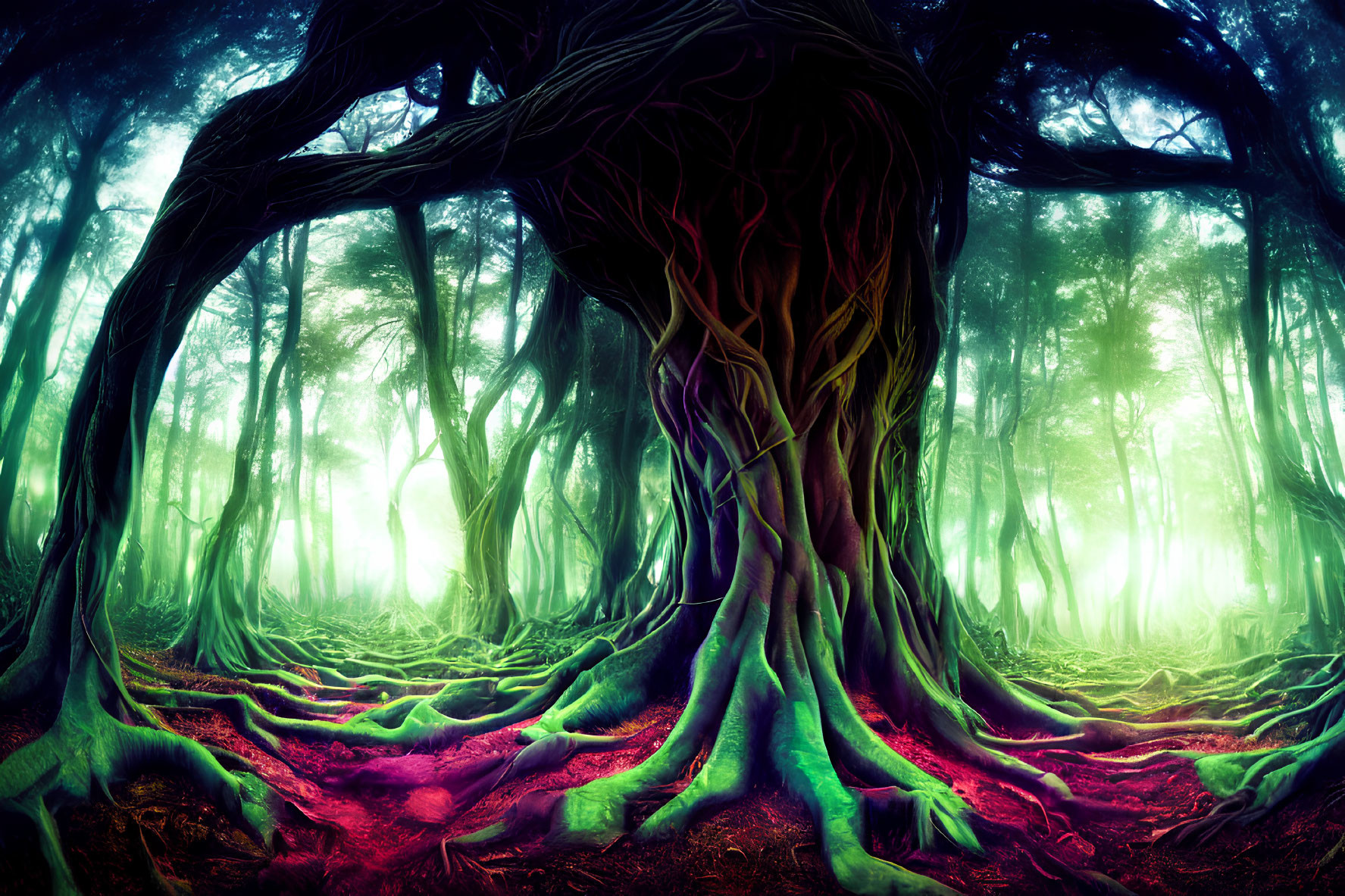 Mystical forest scene with large gnarled tree and ethereal lighting