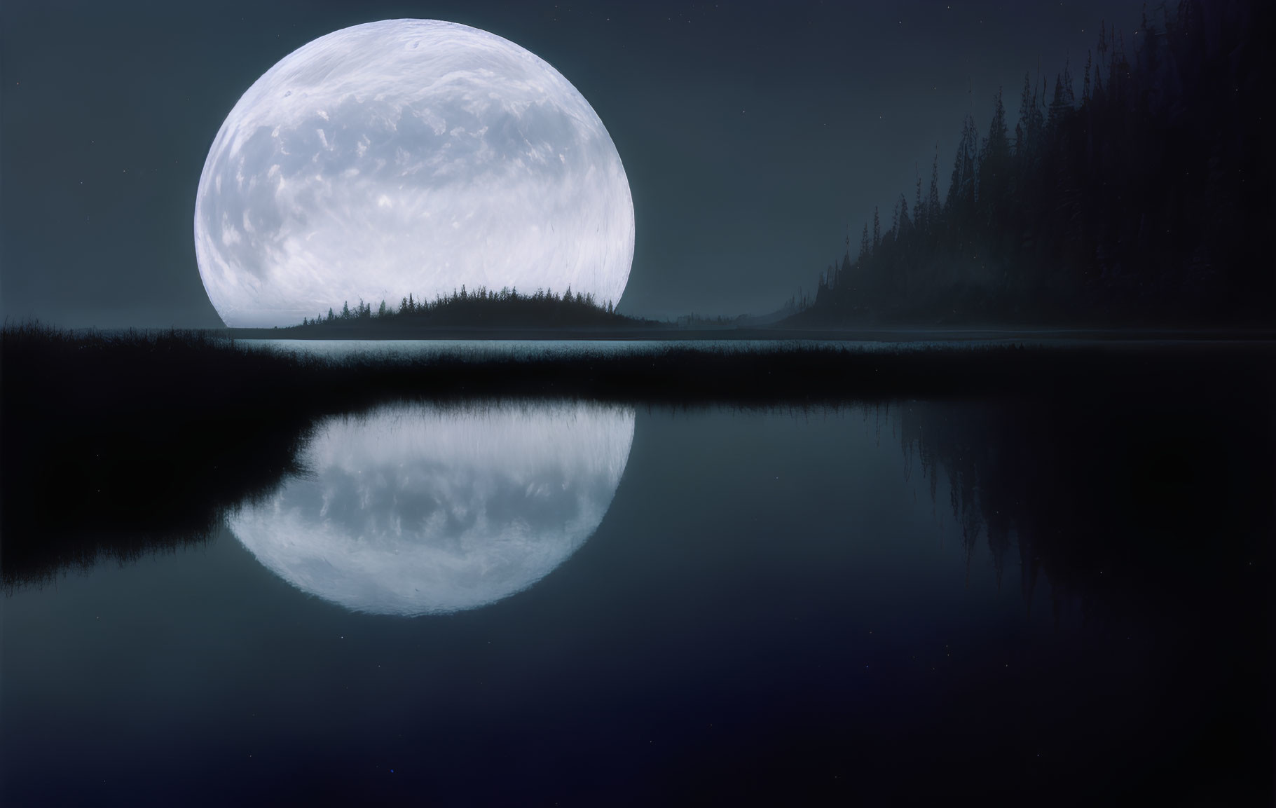 Tranquil Night Landscape with Full Moon Over Lake