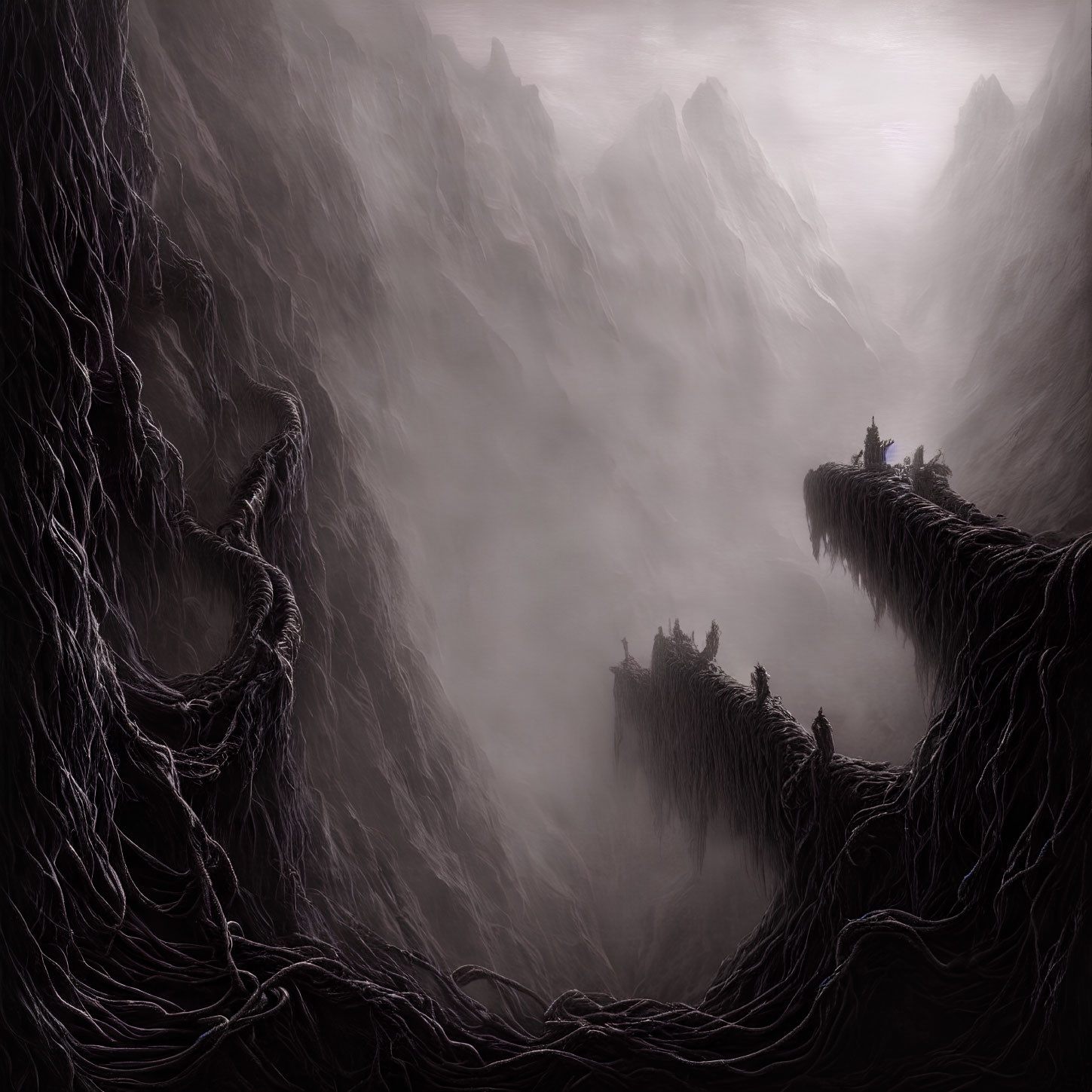 Mysterious fantasy landscape with jagged mountains and eerie tree roots