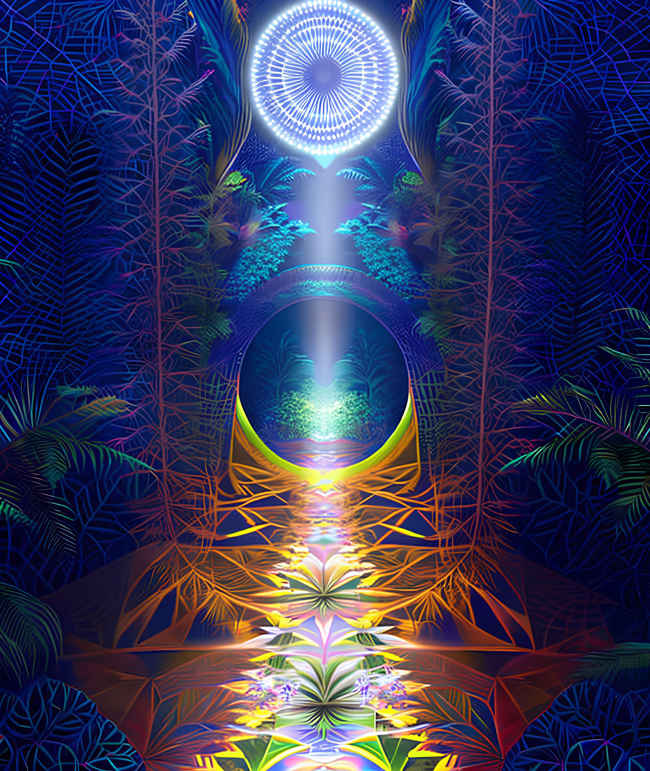 Symmetrical neon-lit jungle pathway with circular light source