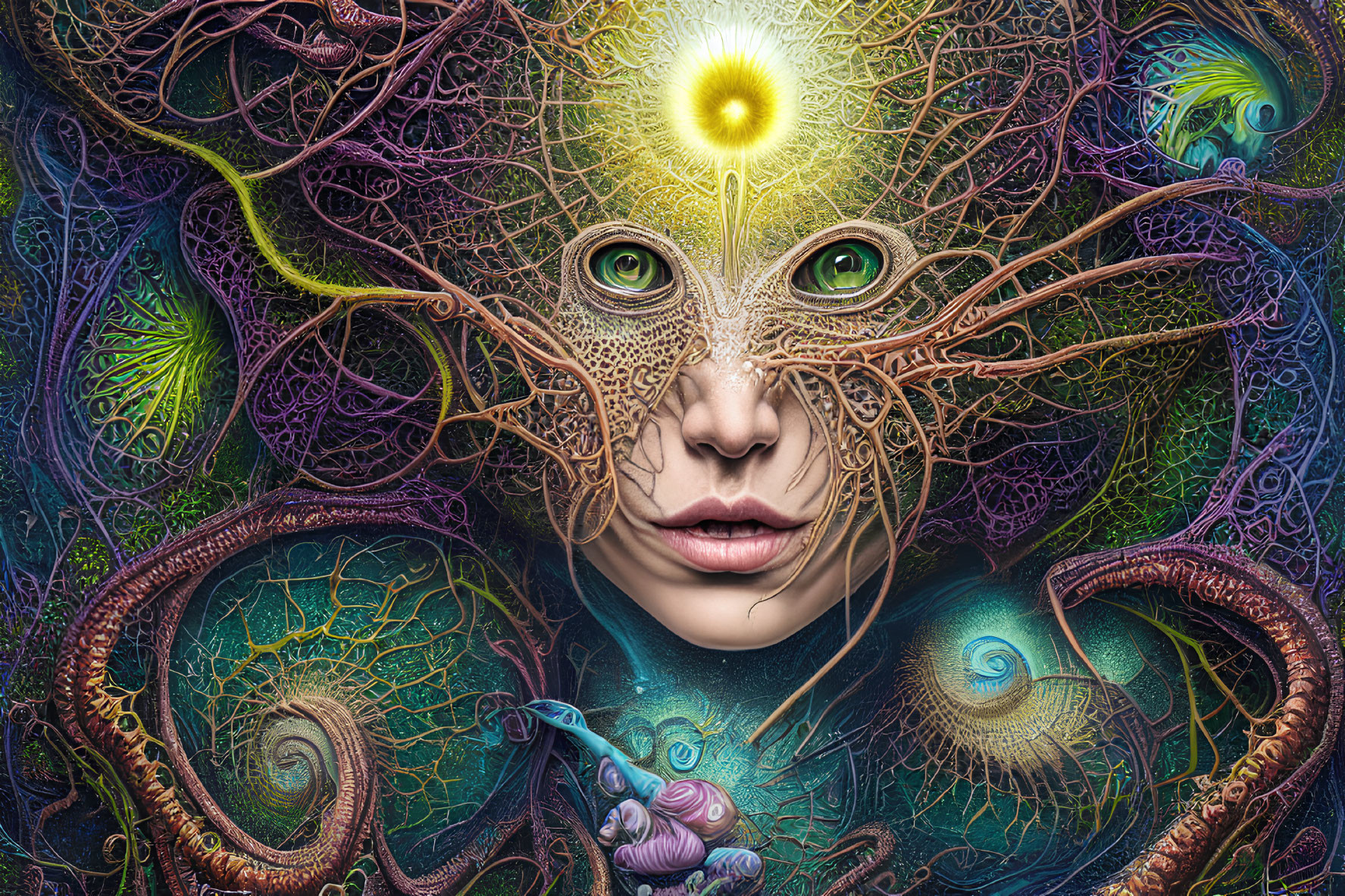 Colorful Fantasy Image: Human Face Surrounded by Organic Patterns and Surreal Elements