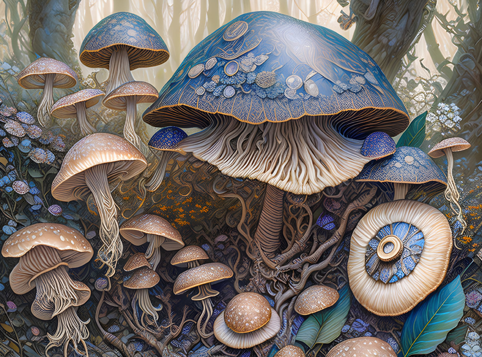 Detailed digital art of fantastical eye-patterned mushrooms in mystical forest